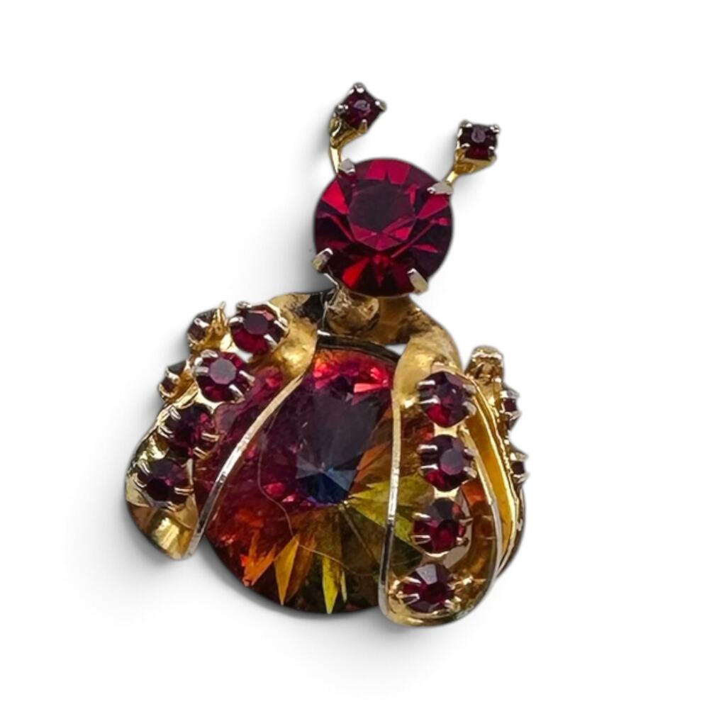 Vintage Weiss Red Aurora Borealis Rhinestone Bug Brooch
